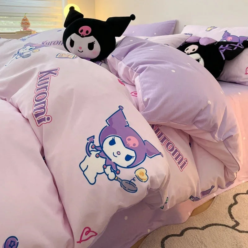Sanrio 100% Cotton Bedding Set Cute Hello Kitty Kuromi Melody King Queen Pillowcase Bed Linens Girl Dorm Bedclothes Home Textile