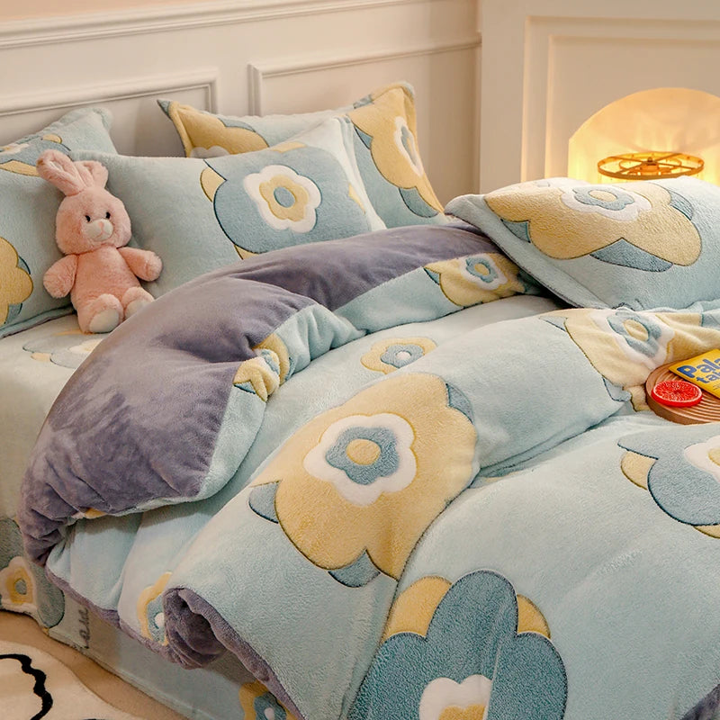 1PC Duvet Cover and 2PC Pillowcase Set Flannel Coral Fleece Warm Winter Thick Single Double Queen King Quilt Bedding Set