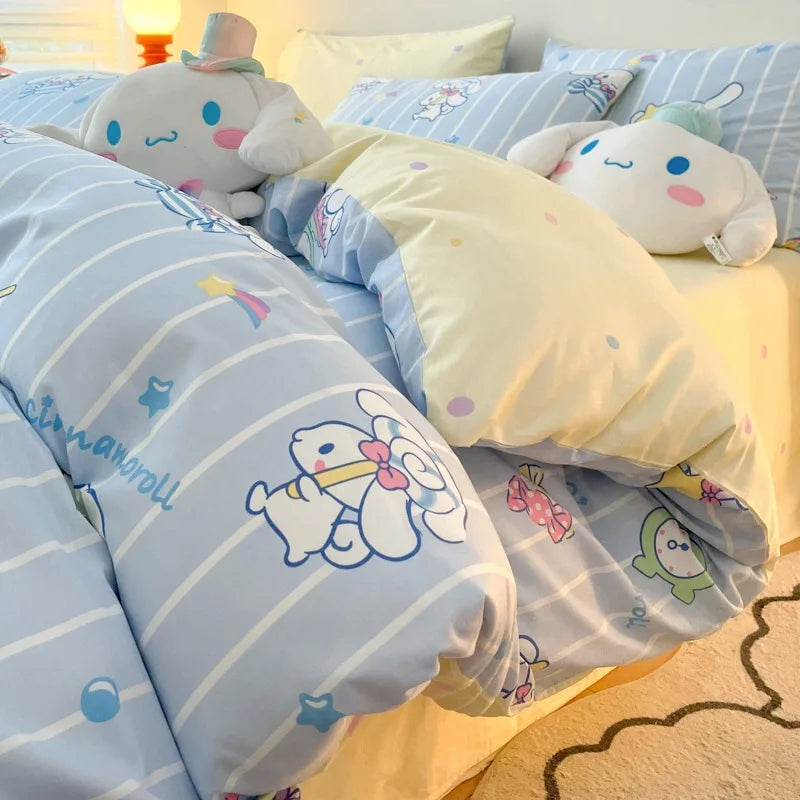 Sanrio 100% Cotton Bedding Set Cute Hello Kitty Kuromi Melody King Queen Pillowcase Bed Linens Girl Dorm Bedclothes Home Textile