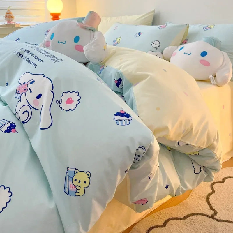 Sanrio 100% Cotton Bedding Set Cute Hello Kitty Kuromi Melody King Queen Pillowcase Bed Linens Girl Dorm Bedclothes Home Textile