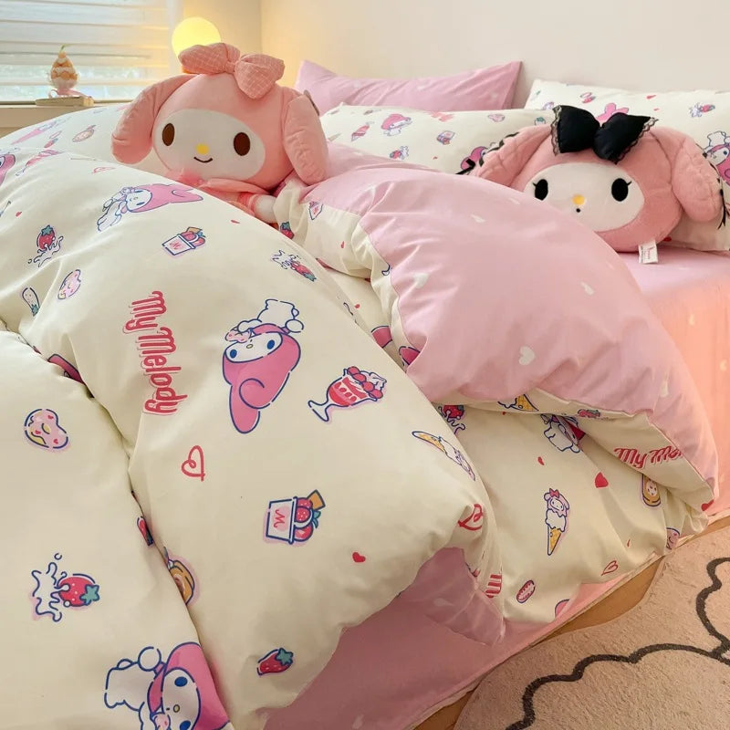 Sanrio 100% Cotton Bedding Set Cute Hello Kitty Kuromi Melody King Queen Pillowcase Bed Linens Girl Dorm Bedclothes Home Textile