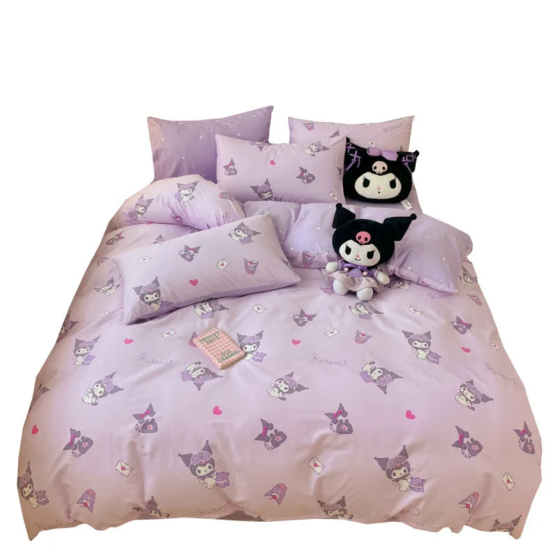 Sanrio 100% Cotton Bedding Set Cute Hello Kitty Kuromi Melody King Queen Pillowcase Bed Linens Girl Dorm Bedclothes Home Textile