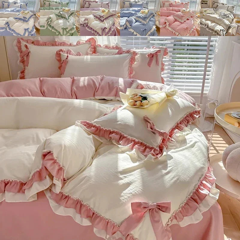 Princess Korean Style Bedding Set with Bow Pink Blue Girls Double Queen Size Duvet Cover No Filling Flat Sheet Pillowcases Kit