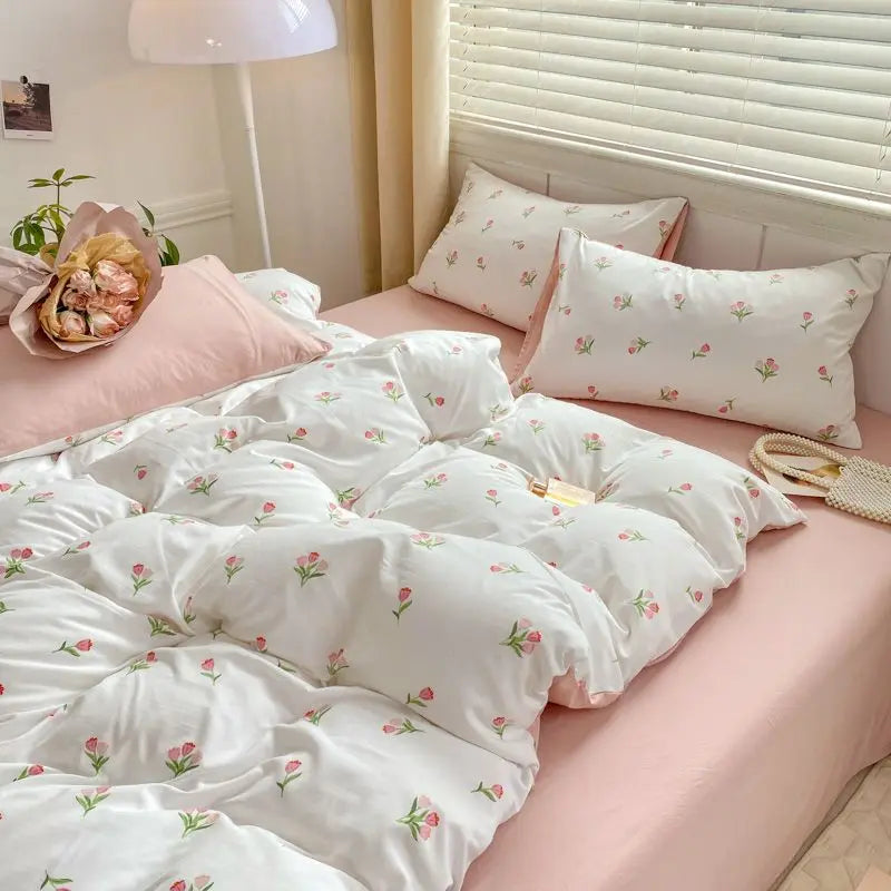 Romantic Tulip Pink Bedding Set Bed Flat Sheet Pillowcase Twin Full Queen Princess Style Bed Linen Kids Girls Floral Duvet Cover