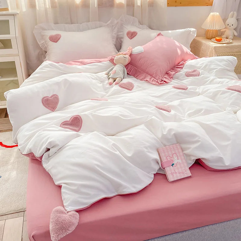 Korean Ins Cute Pink Bedding Set Ruffle Pillowcase Cotton Flat Bed Sheets Simple Girl Princess Style Fitted Bed Sheet Set