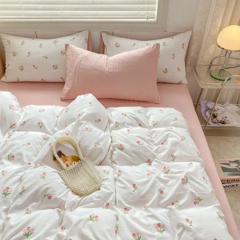 Romantic Tulip Pink Bedding Set Bed Flat Sheet Pillowcase Twin Full Queen Princess Style Bed Linen Kids Girls Floral Duvet Cover