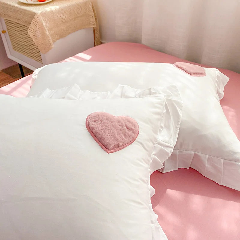 Korean Ins Cute Pink Bedding Set Ruffle Pillowcase Cotton Flat Bed Sheets Simple Girl Princess Style Fitted Bed Sheet Set