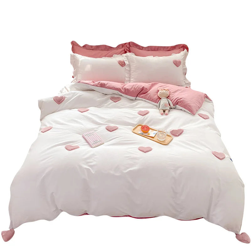 Korean Ins Cute Pink Bedding Set Ruffle Pillowcase Cotton Flat Bed Sheets Simple Girl Princess Style Fitted Bed Sheet Set