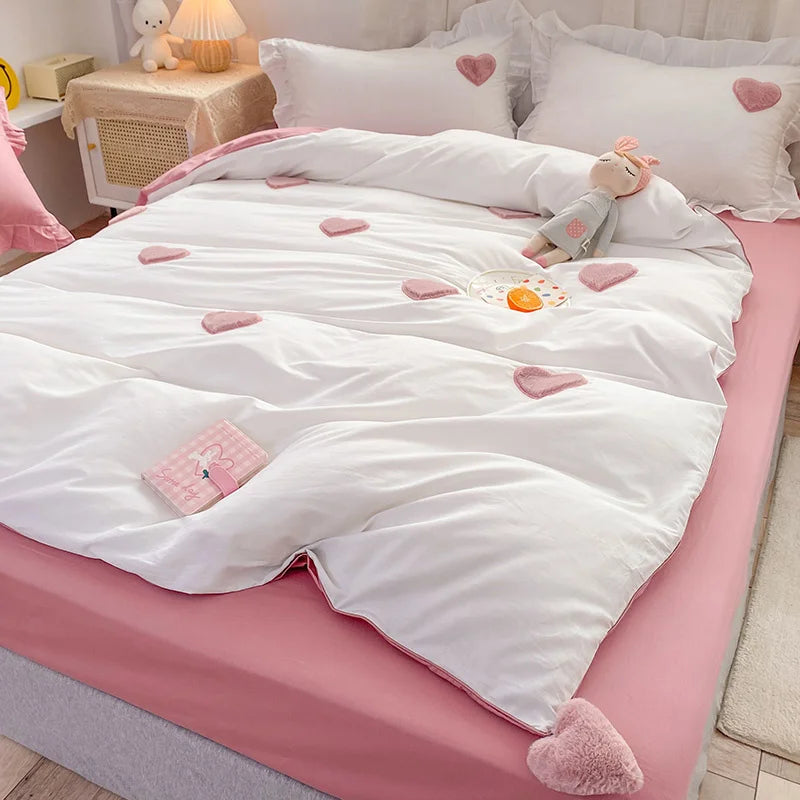 Korean Ins Cute Pink Bedding Set Ruffle Pillowcase Cotton Flat Bed Sheets Simple Girl Princess Style Fitted Bed Sheet Set