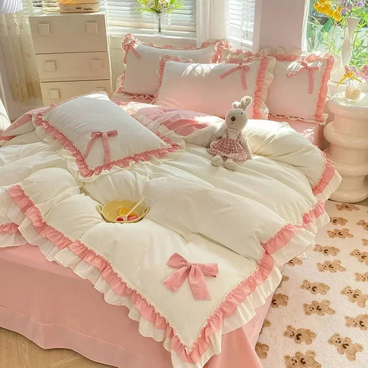 Princess Korean Style Bedding Set with Bow Pink Blue Girls Double Queen Size Duvet Cover No Filling Flat Sheet Pillowcases Kit