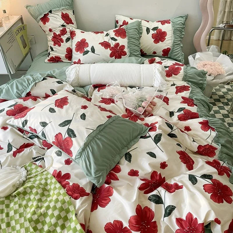 Romantic Flower Lace Bedding Set with Ruffles for Girls and Women Sets Full Bed Sheets Quilt Comforter Duvet Complete King Size