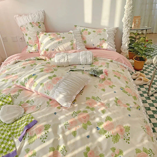 Romantic Flower Lace Bedding Set with Ruffles for Girls and Women Sets Full Bed Sheets Quilt Comforter Duvet Complete King Size